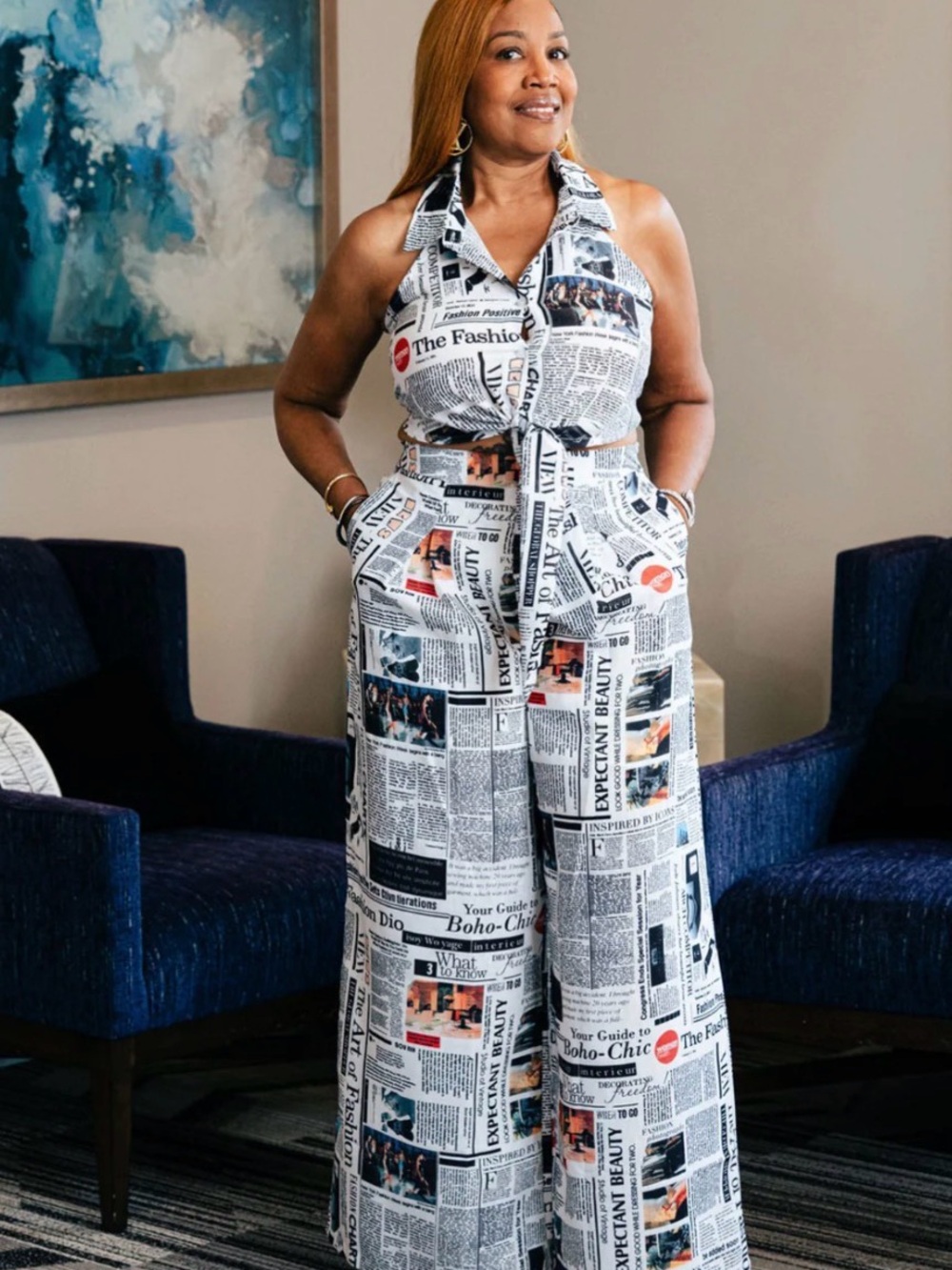 Newspaper-Print Halter Jumpsuit - White/Black